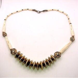 Vtg Tribal Carved Bone & Gold Tone / Brass Stone Beaded Necklace 26”